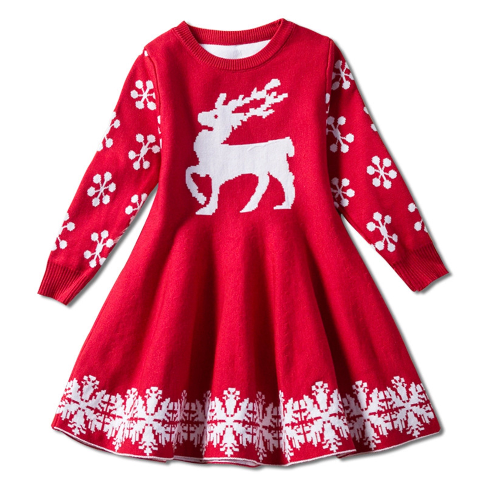 Little Girls Christmas Dress Reindeer Snowflake Xmas Gifts Winter Knit Sweater Dresses (Red,110)